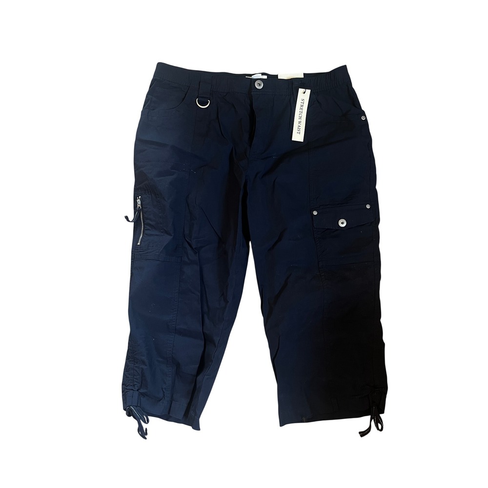 Navy Cargo Capri Pants size 14 Stretchy Utility Casual Cropped Comfort Travel